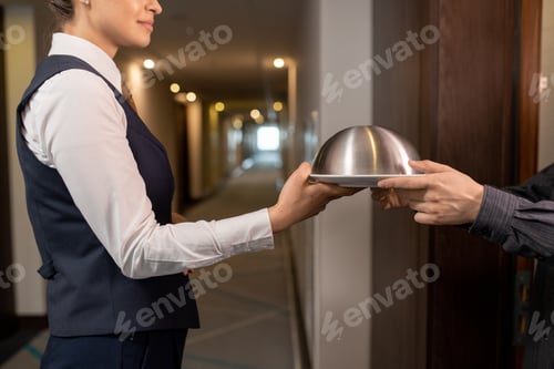 Preview: Hotel manager passing lunch to businessman