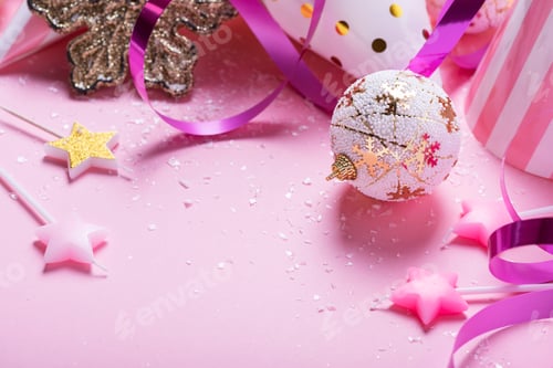 Preview: card with christmas decoration in pink background