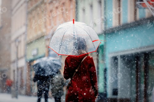Preview: girl with umbrella white snow falling stay on city street