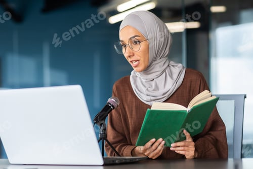 Preview: Portrait of young Latin American woman writer, author in hijab presenting her book online. Sitting