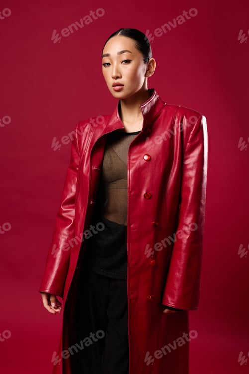 Preview: Fashion asian beauty woman red leather coat black pants posing red background portraitstyle elegant