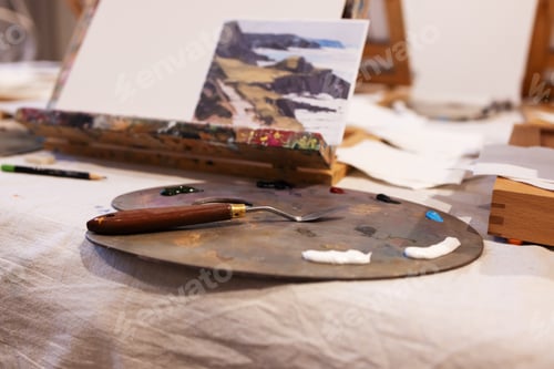 Preview: A sample for drawing on a tablet. Palette with paints and Palette knife