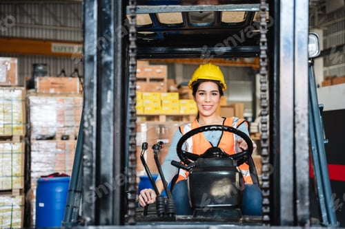Preview: Portrait of a woman working with a forklift in a warehouse with her looking at the camera.