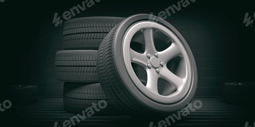 Preview: Car tires and rims on black background. 3d illustration