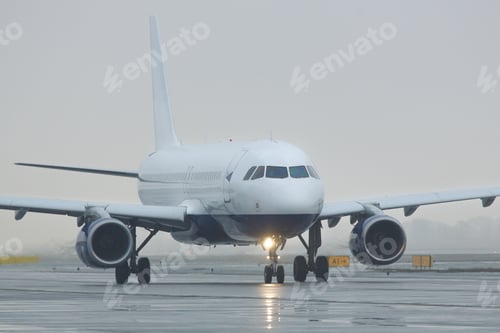 Preview: Passenger narrow-body airplane rides after landing in twilight, taxiing on runway, overcast weather