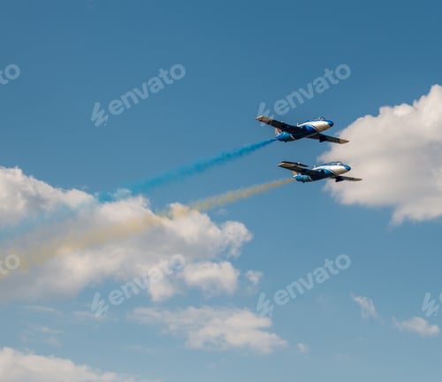 Preview: airplanes in the sky with colorful smoke of ukrainian flag