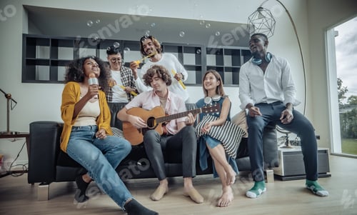 Preview: Lively, diverse friend reunion. Laughter, stories, bonding, music, dance, joyful atmosphere.