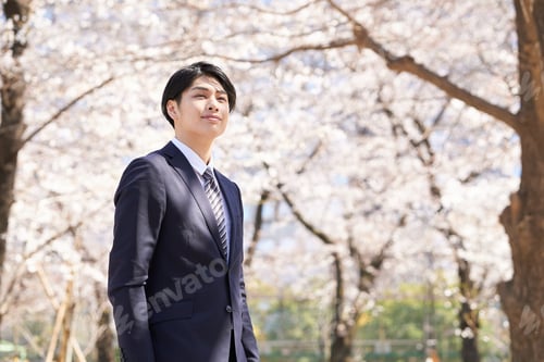 Preview: A smiling Japanese businessman stands with a cherry blossom in the background.