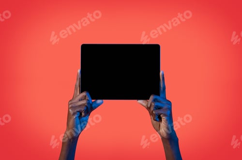 Preview: male hands holding digital pad with empty black screen