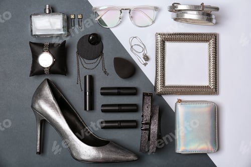 Preview: Set of accessories, cosmetics and shoe on color background, flat lay