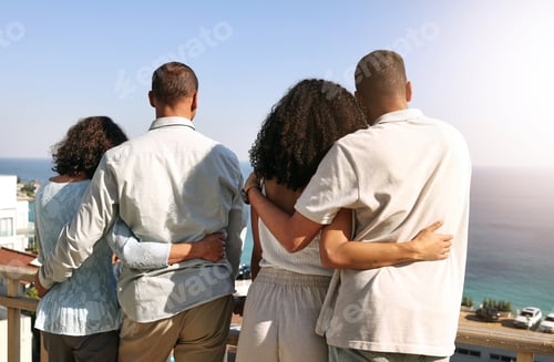 Preview: Hug, love and family with a view of ocean during a vacation, freedom and bonding in Bali. Affection