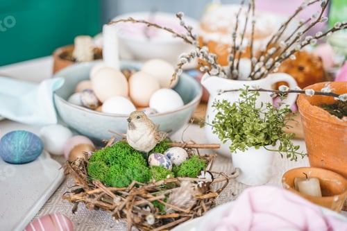 Preview: Table decoration for Easter celebration in kitchen.Tablescape for Easter holiday at home.Family reli