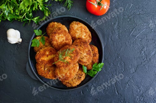 Preview: Juicy homemade cutlets (beef, pork, chicken) on a black background. The top view