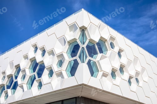 Preview: Closeup of modern facade of geometric architecture
