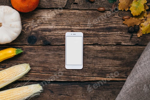 Overhead Fall Produce with Phone on Wooden Table