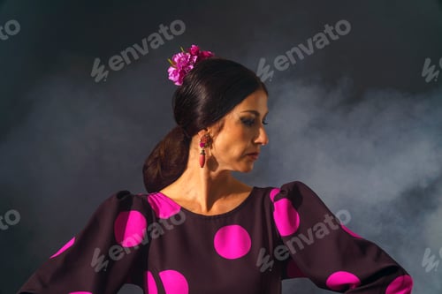 Preview: Flamenco dancer wearing traditional polka dot costume performing on smoky stage