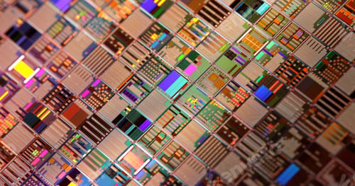 Preview: Silicon semiconductor wafer close-up.