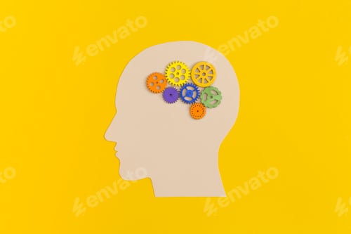 Preview: Human head with gears on yellow background