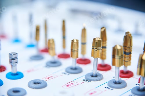 Preview: Dental implant surgery tools on a white surface. Close-up of golden drill bits and precision