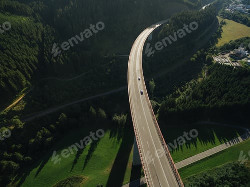 Preview: aerial view of cars passing bridge over beautiful green forest