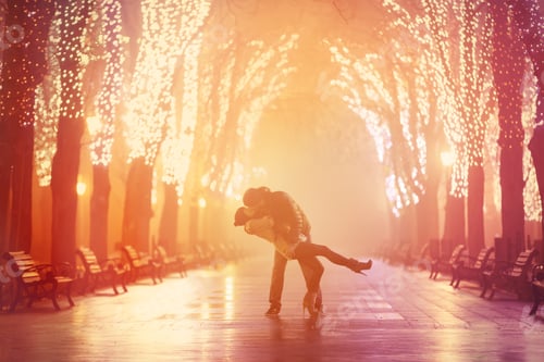 Preview: Couple kissing at night alley.