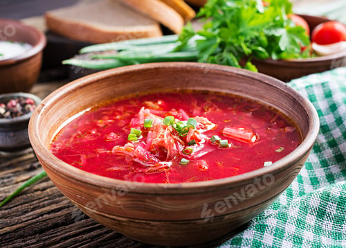Preview: Traditional Ukrainian Russian borscht or red soup in the bowl.