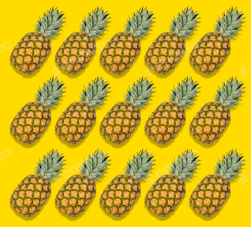 Preview: Trendy colorful pineapple pattern on yellow. Tropical abstract fruit summer background