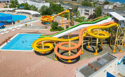 Preview: Aerial view of water park on sunny day