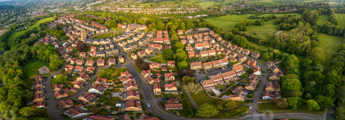 Preview: Aerial drone view of the Cane Hill area in Coulsdon, UK, with new houses and apartments.