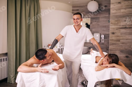 Preview: Caucasian funny masseurplaying jokes with clients