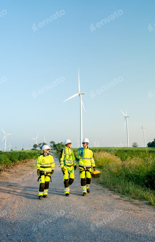 Preview: Vertical image of wind turbine or windmill workers or technicians talk to discuss work and walk