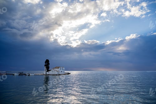 Preview: scene of Vlacherna monastery at sunrise, Kanoni, Corfu