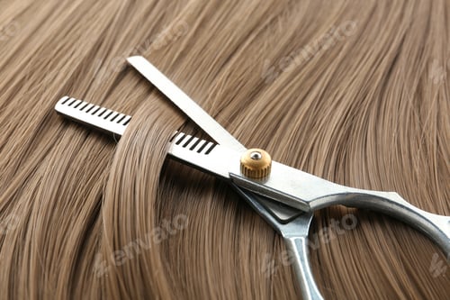 Preview: Thinning scissors on light brown hair, closeup. Hairdresser service