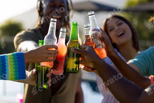Preview: Happy diverse group of friends having party, drinking beer and making a toast in garden
