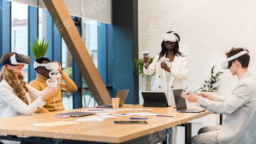 Preview: Business conference in VR in an office. Multiracial group of people using VR glasses and controllers