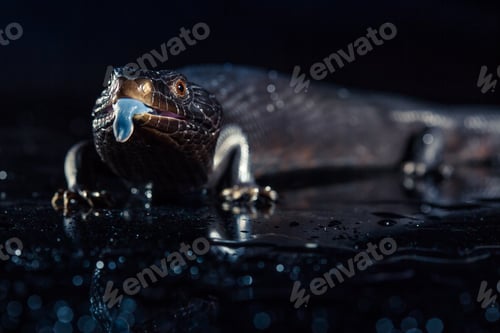 Preview: Black blue tongued lizard in dark shiny environement