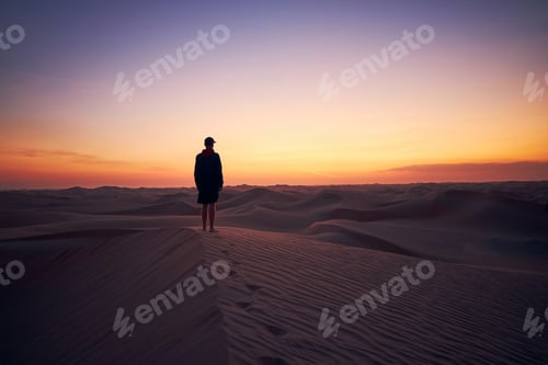 Preview: Lonely man standing on sand dune in the middle of desert at dusk. Abu Dhabi, United Arab Emirates