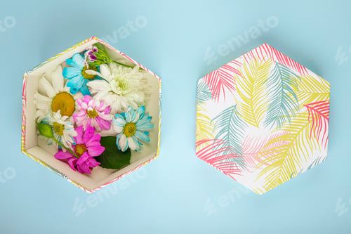 Preview: top view of a gift box filled with colorful chrysanthemum flowers with daisy on blue background