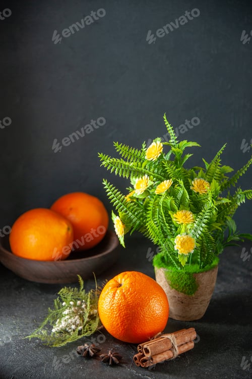 Preview: front view fresh juicy oranges on dark background citrus fruit juice color photos tangerine exotic
