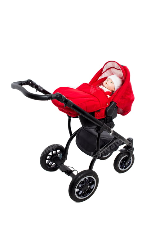 Preview: Infant in Red Stroller on White Background