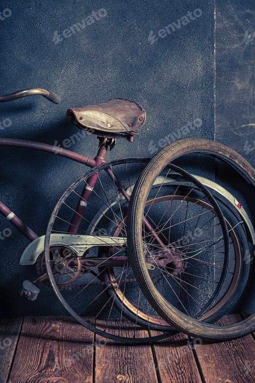 Preview: Vintage bicycle repair workshop with tools and parts. Repair shop