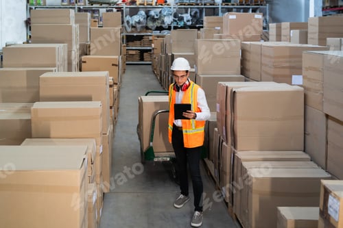 Preview: Logistic warehouse worker delivering boxes on a trolley