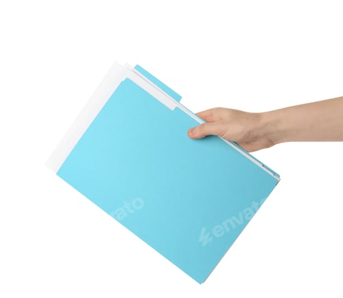 Preview: Woman holding turquoise file with documents on white background, closeup