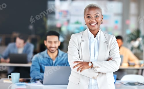 Preview: Portrait, accountant and black woman with arms crossed in office, business workplace or coworking c