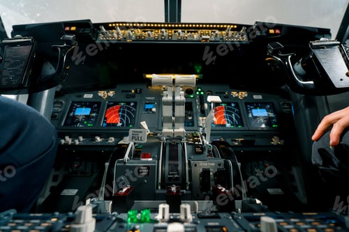 Preview: thrust lever in the cockpit of an airplane a close-up view of a flight on an aircraft simulator