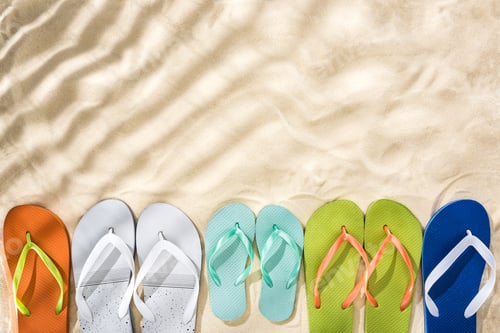 Preview: top view of white, turquoise, green and blue flip flops on sand with shadows and copy space