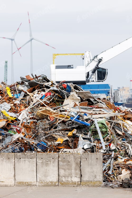 Preview: Crane at recycling facility loading large scrap metal pile with wind turbines in background.