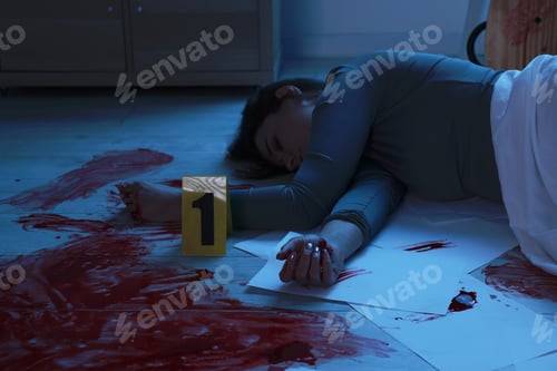Preview: Crime scene with dead woman's body indoors