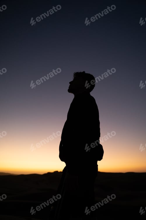 Vista previa: Vertical shot of a silhouetted man against a sunset background