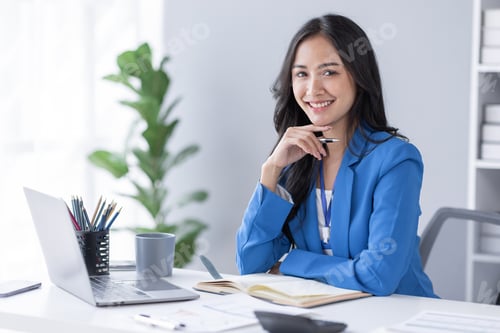 Preview: Portrait of Asian business woman holding coffee cup with work in workplace office Business documents